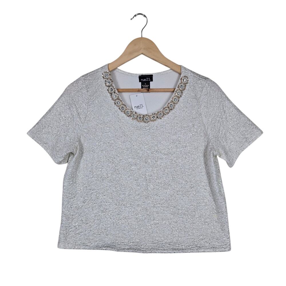 Y2K Rue21 Top L White Gold Metallic Pearl Rhinestone Coquette Soft Glam Girly